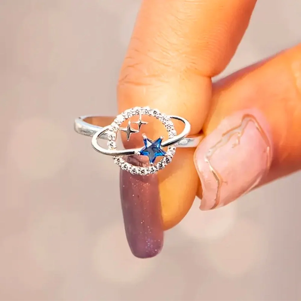 Star and Moon Ring, Planet and Star Ring, Cubic Zirconia Star and Planet Ring